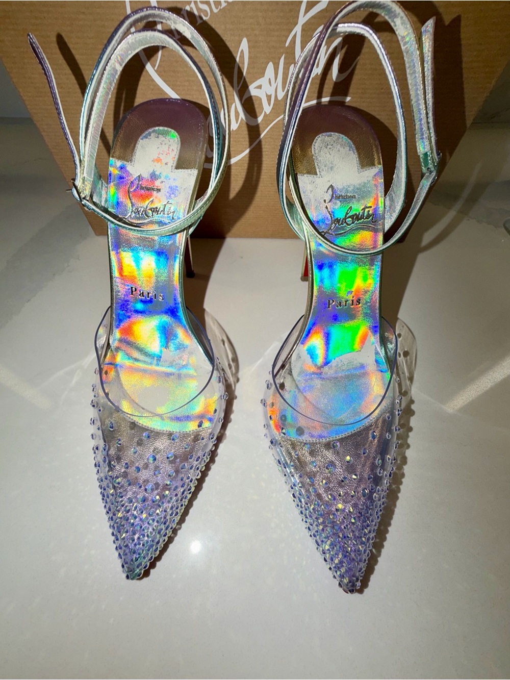 Christian Louboutin - Spikaqueen Crystal Pointed Toe Slingback Heels -Vers Multi - Picture 14 of 17